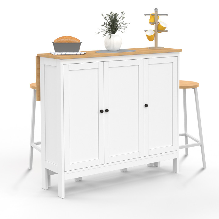 Ensemble table de bar îlot ACHILLE bois blanc avec plateau façon hêtre et 2 tabourets de bar