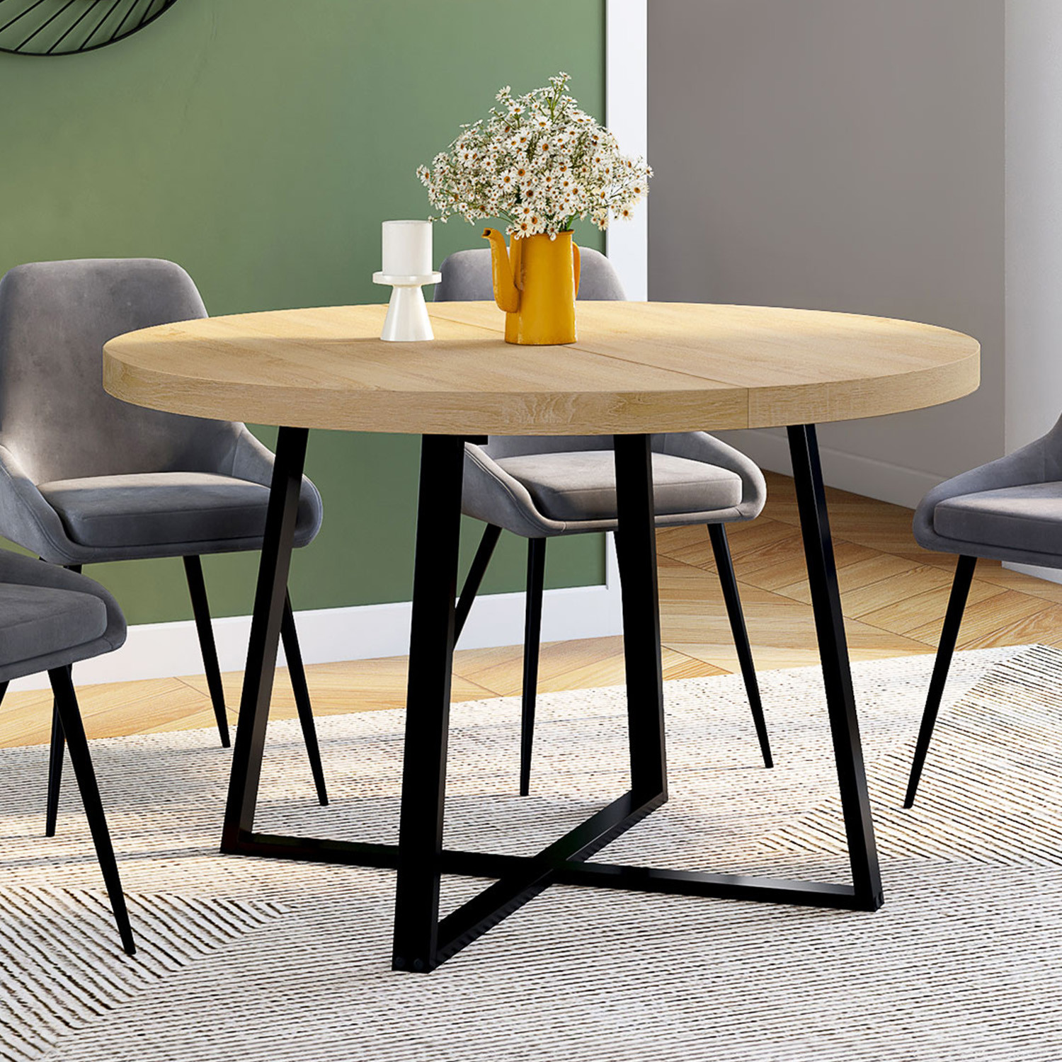 Table à manger ronde 4-6 personnes bois et noir