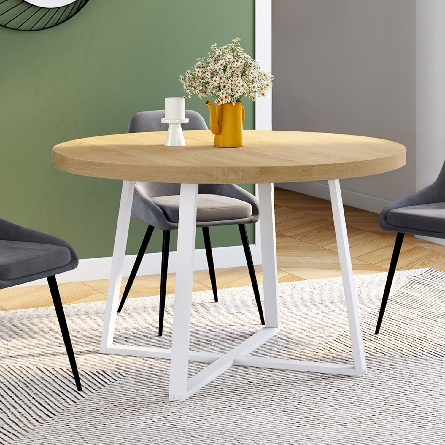Table à manger ronde 4-6 personnes bois et blanc 110-150 cm
