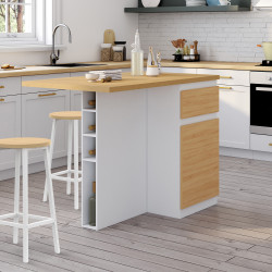 TINO middeneiland 120 cm met flessenrek, 4-zits, wit hout met werkblad in beukeneffect