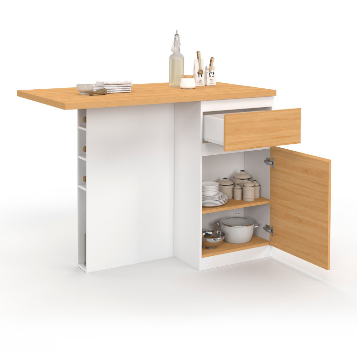 TINO middeneiland 120 cm met flessenrek, 4-zits, wit hout met werkblad in beukeneffect