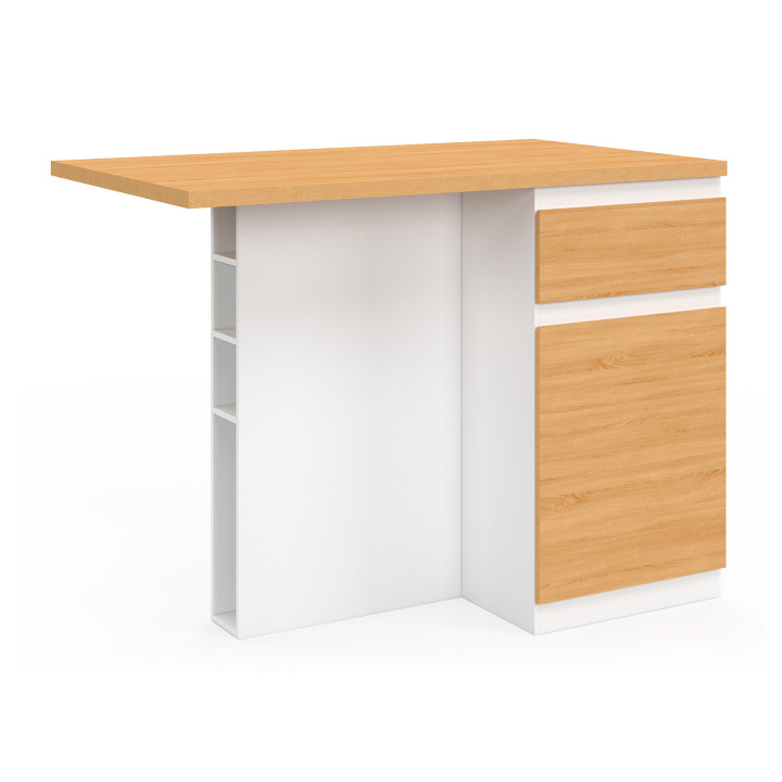 TINO middeneiland 120 cm met flessenrek, 4-zits, wit hout met werkblad in beukeneffect
