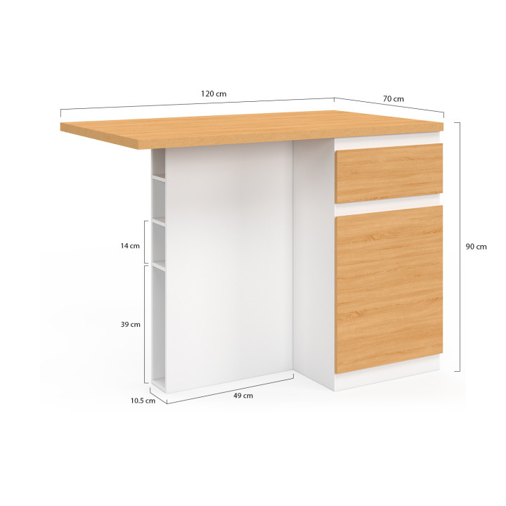 TINO middeneiland 120 cm met flessenrek, 4-zits, wit hout met werkblad in beukeneffect