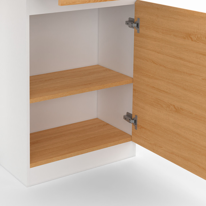 TINO middeneiland 120 cm met flessenrek, 4-zits, wit hout met werkblad in beukeneffect