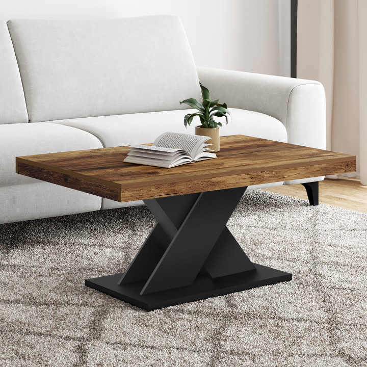 ALICIA rechthoekige salontafel met verouderd houten blad en zwarte X-poot