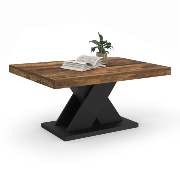 Mesa de centro rectangular 100cm con tapa de madera envejecida y pata en X negra - ALICIA | IDMarket