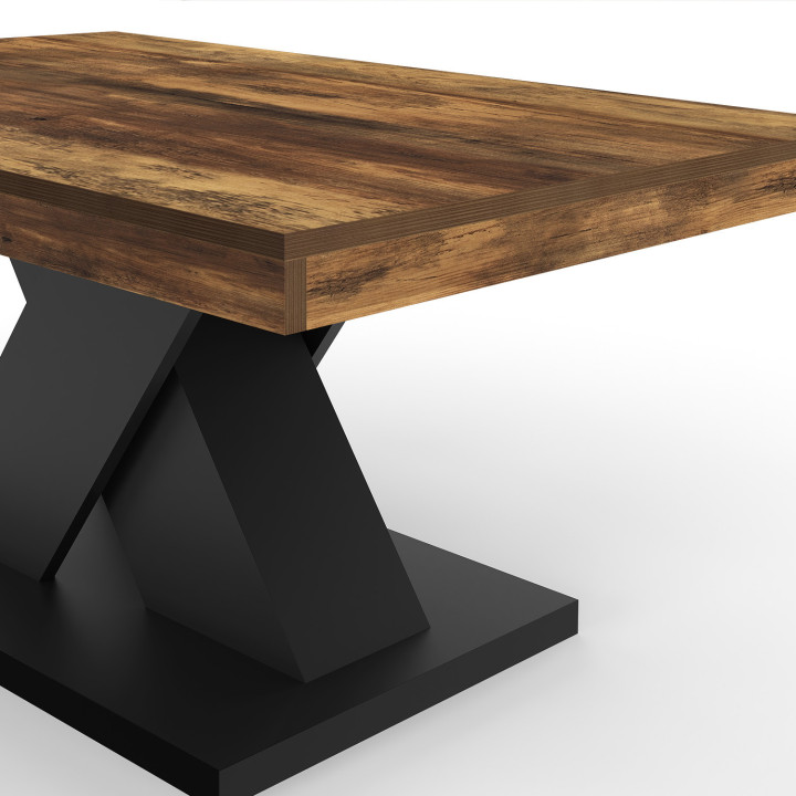 ALICIA rechthoekige salontafel met verouderd houten blad en zwarte X-poot