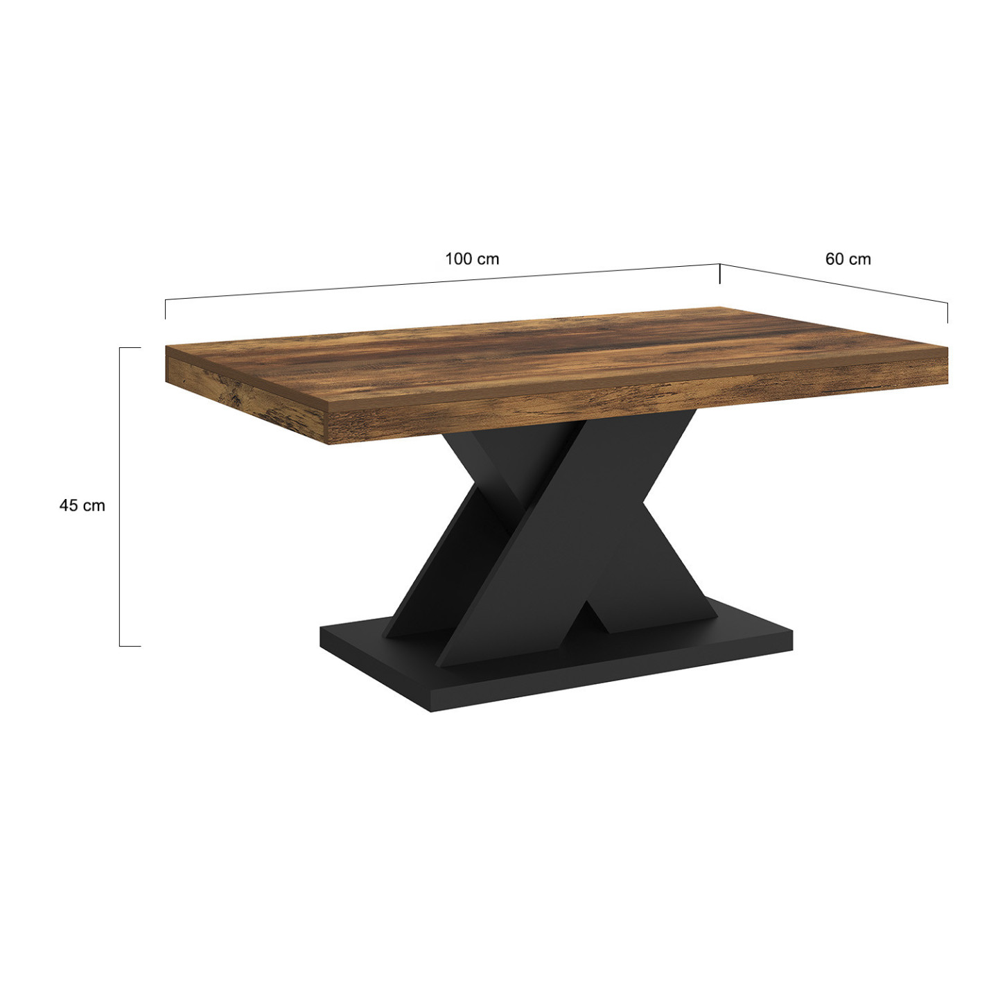Table Basse Rectangulaire Alicia - Plateau Bois Vieilli, Pied En X Noir - 100x60x45 Cm, Design Moderne