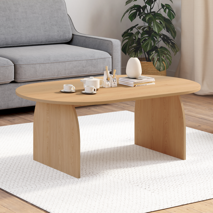 Mesa de centro ovalada de 110 cm en madera efecto haya con pata central - EDITH | IDmarket