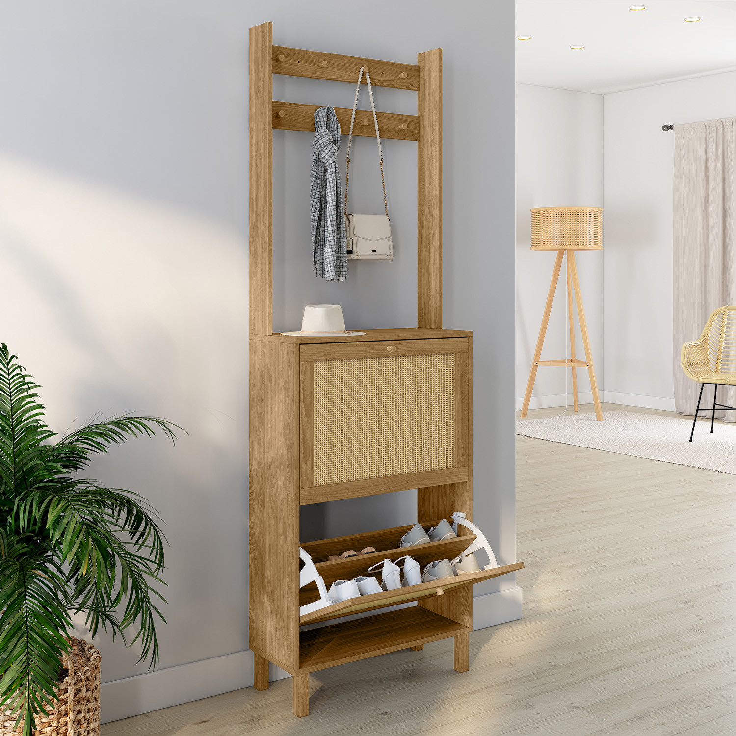 Vestiaire d'entrée 2 portes bois effet naturel cannage meuble chaussures 12 paires