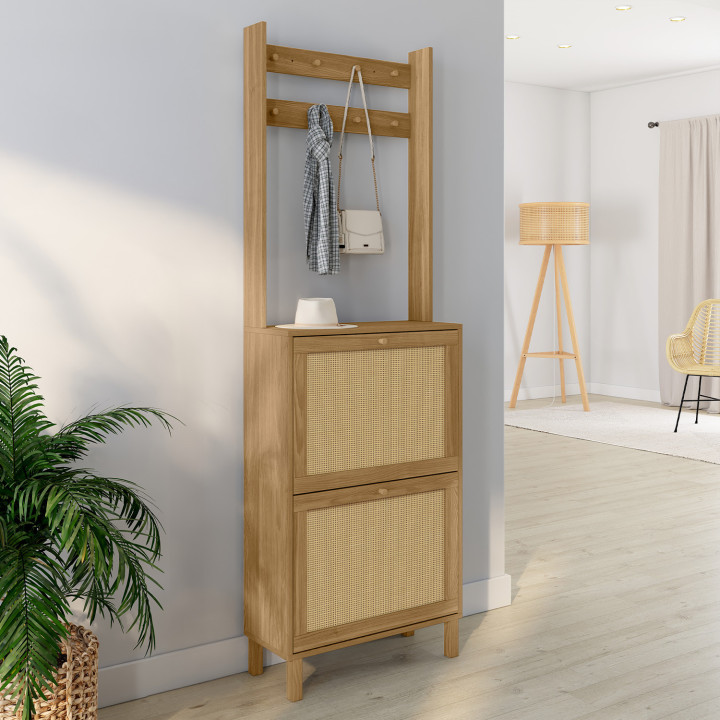 Mueble de madera para zapatos de pasillo 12 pares 2 puertas efecto caña natural - HANAE | ID Market