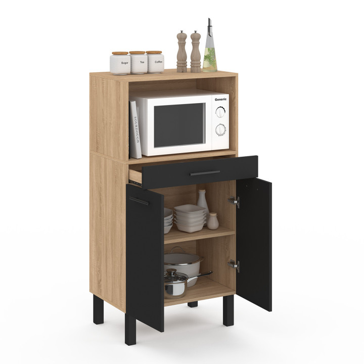 ¡Aparador de cocina medio alto para microondas con cajón y puertas en haya y negro - CINA | Zen Cart! IDMarket