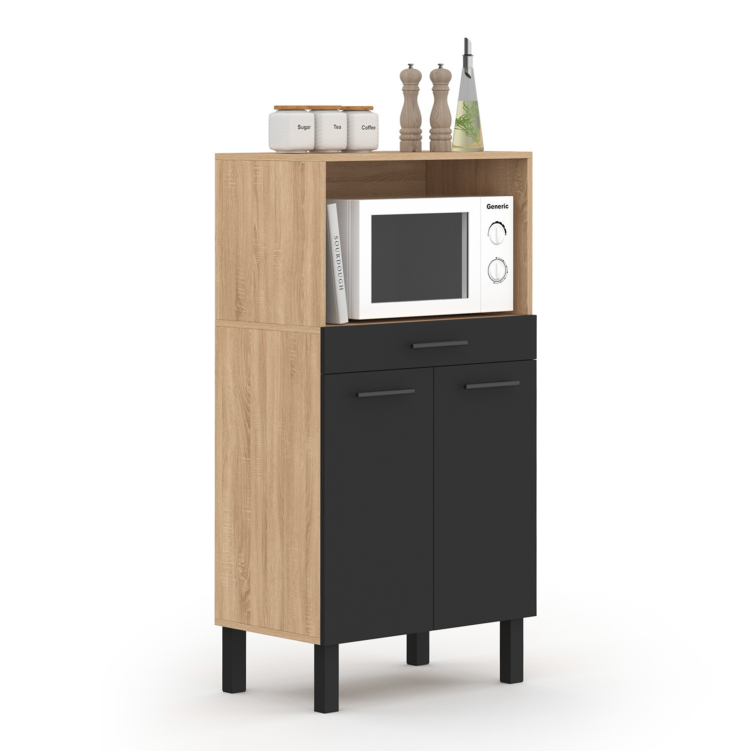 Buffet mi-haut 60 cm avec 1 tiroir et 2 portes façon hêtre et noir