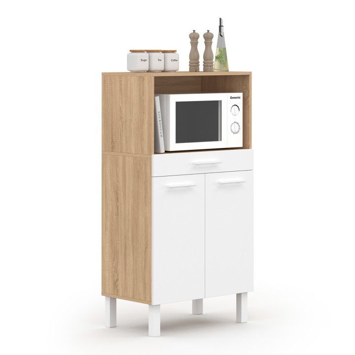 Mueble de cocina media altura para microondas con cajón y puertas haya y blanco - CINA | España IDMarket