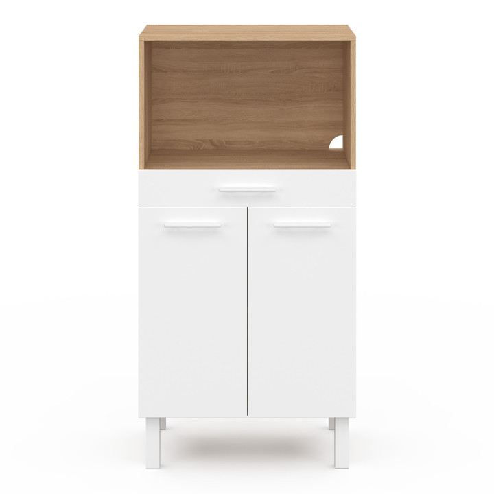 Mueble de cocina media altura para microondas con cajón y puertas haya y blanco - CINA | España IDMarket