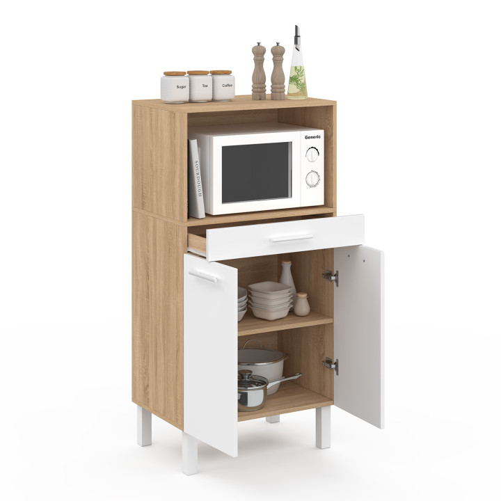 Mueble de cocina media altura para microondas con cajón y puertas haya y blanco - CINA | España IDMarket