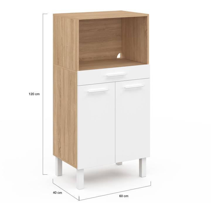 Mueble de cocina media altura para microondas con cajón y puertas haya y blanco - CINA | España IDMarket