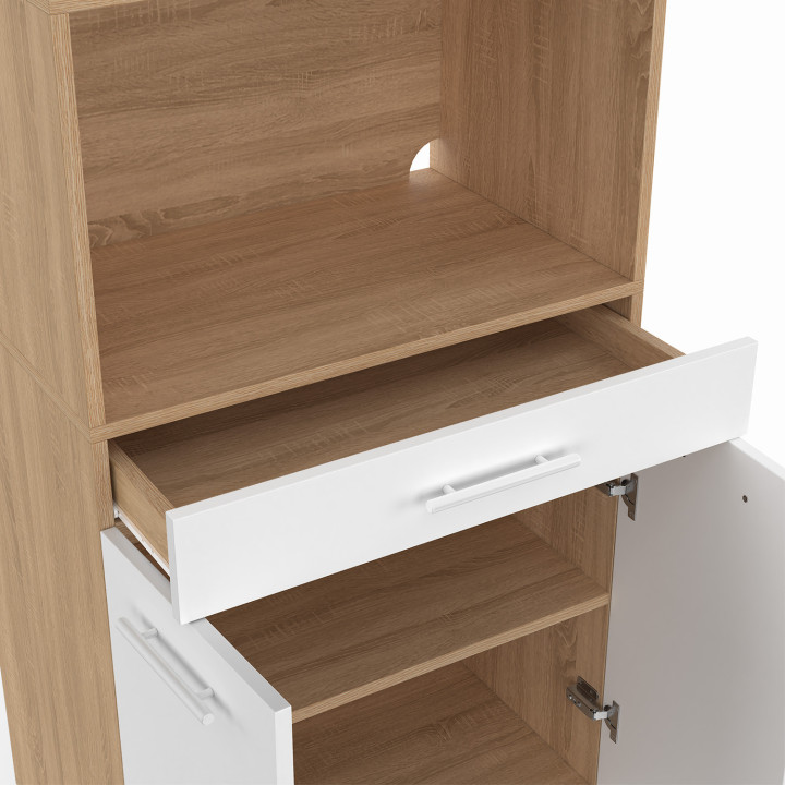 Mueble de cocina media altura para microondas con cajón y puertas haya y blanco - CINA | España IDMarket