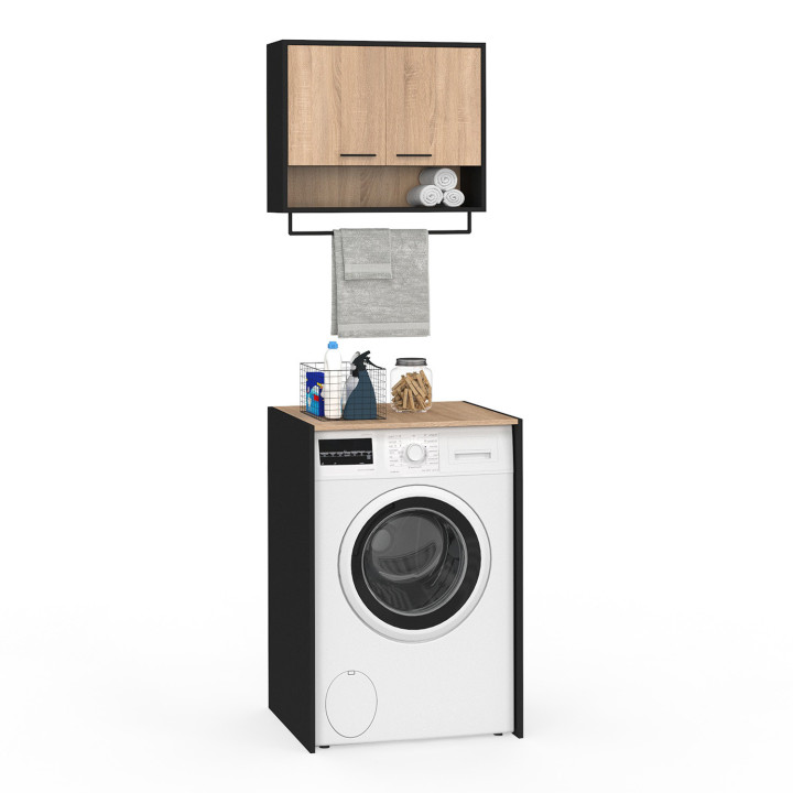 Waschküchenmöbel-Set schwarz und Buche für Waschmaschine - WALLIS | IDMarket