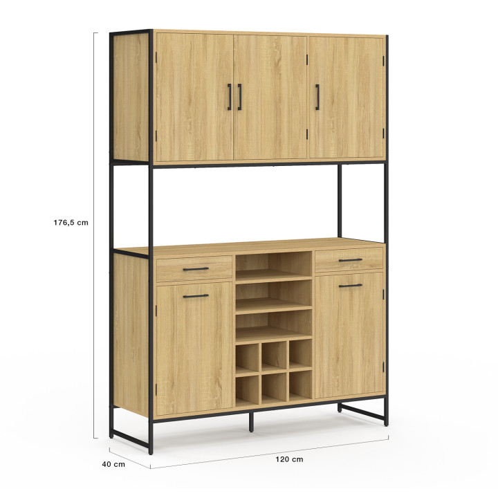 Aparador de cocina 5 puertas y botellero, diseño industrial, 120 cm - DETROIT | IDMarket