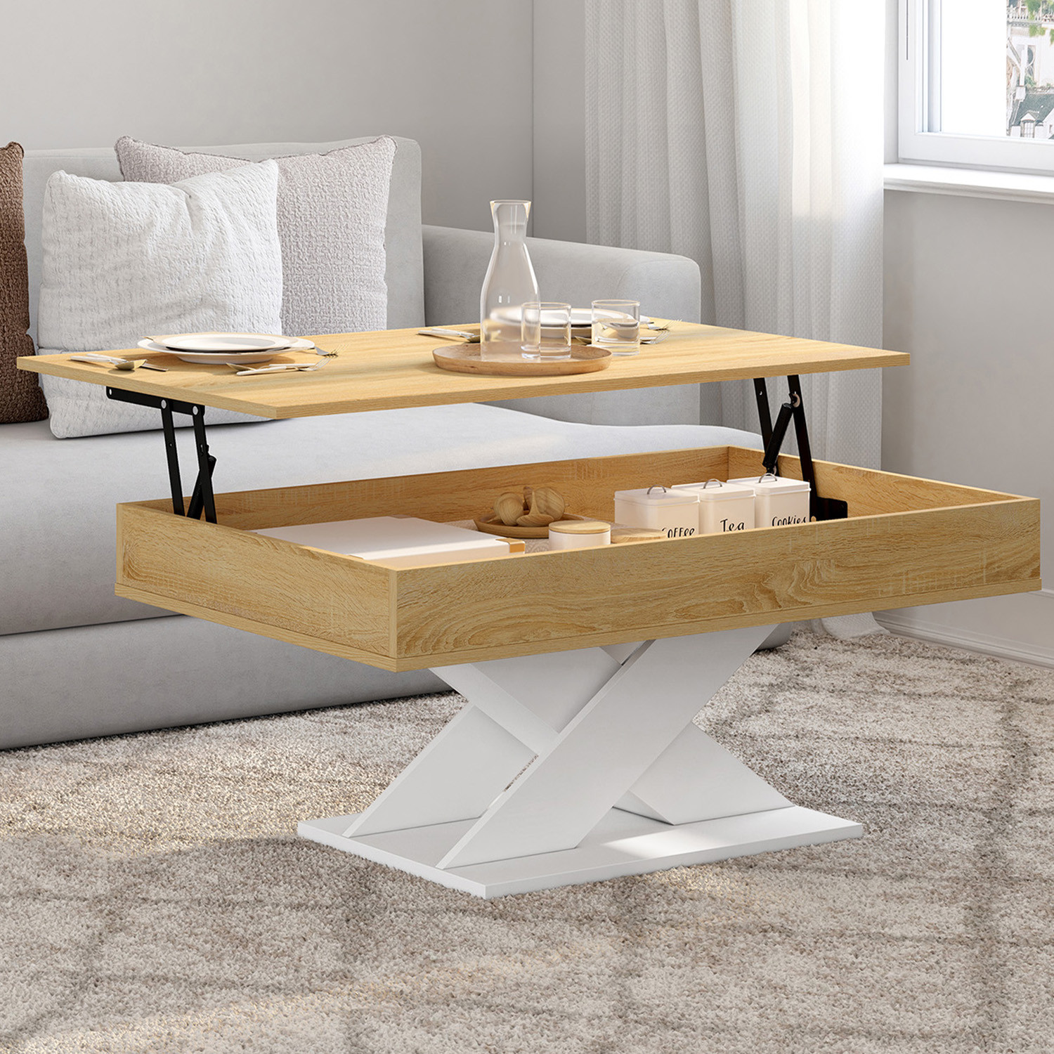 Table basse rectangulaire plateau relevable pied blanc