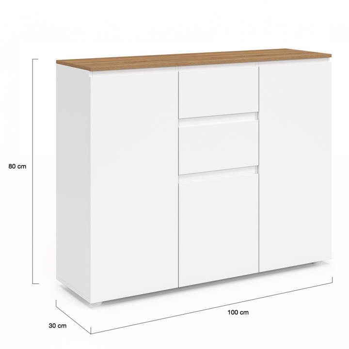 ¡Aparador blanco 100 cm 3 puertas 2 cajones y tapa de madera - TOBY | Zen Cart! IDMarket