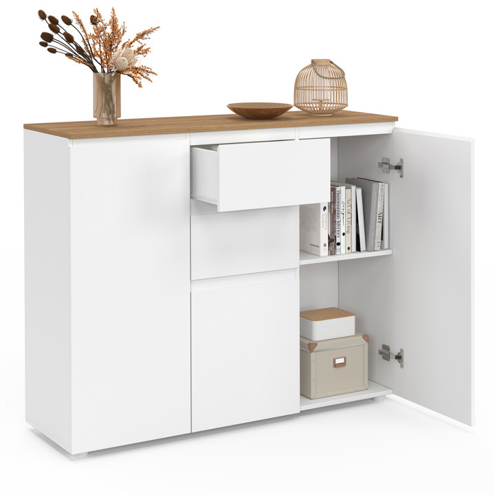 ¡Aparador blanco 100 cm 3 puertas 2 cajones y tapa de madera - TOBY | Zen Cart! IDMarket