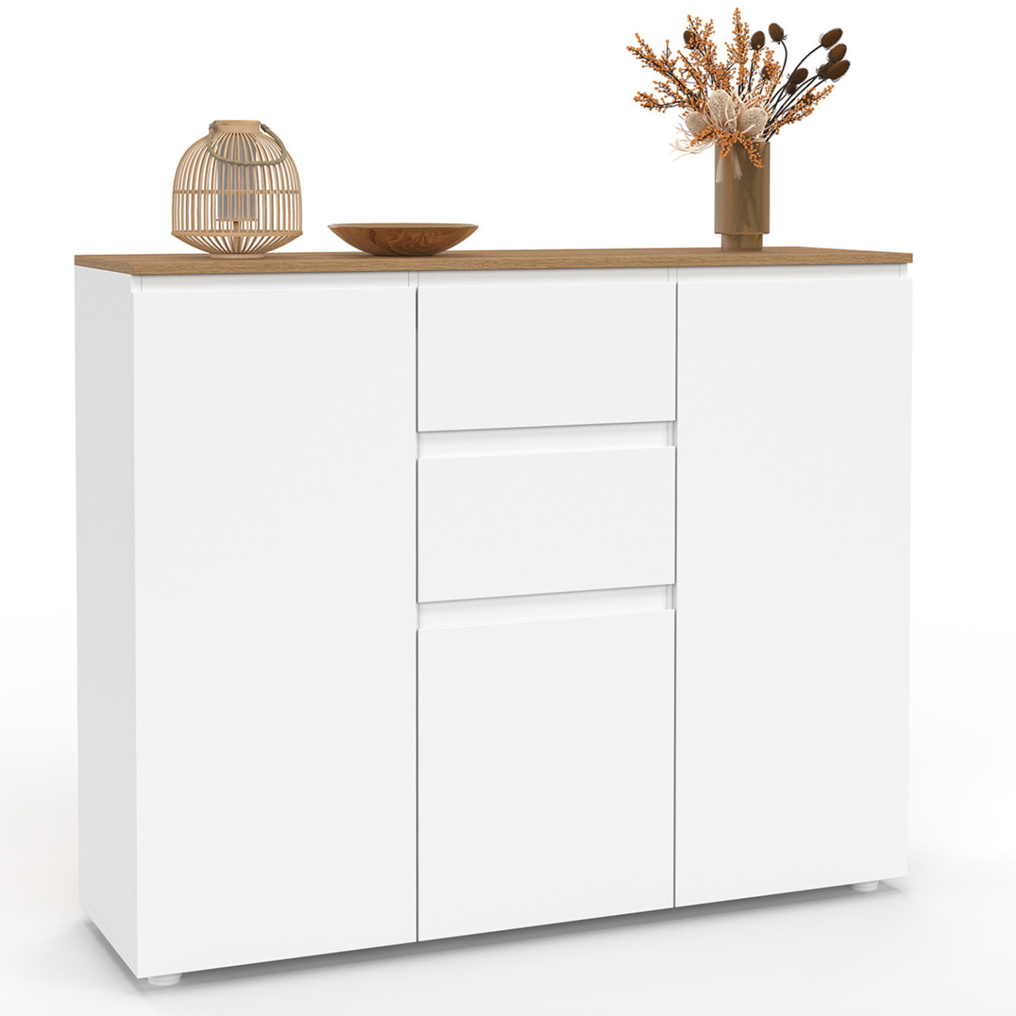 Weißes Sideboard 100 cm 3 Türen 2 Schubladen und Holzplatte - TOBY