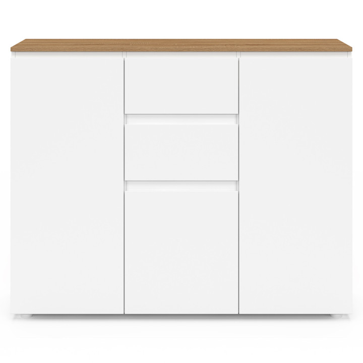 ¡Aparador blanco 100 cm 3 puertas 2 cajones y tapa de madera - TOBY | Zen Cart! IDMarket