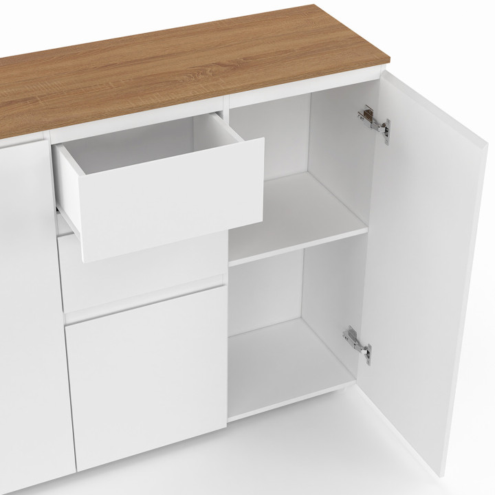 ¡Aparador blanco 100 cm 3 puertas 2 cajones y tapa de madera - TOBY | Zen Cart! IDMarket