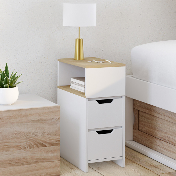 Schmale Nachttische aus Holz und Weiß mit 2 Schubladen und seitlicher Nische - ANOUK | IDMarket