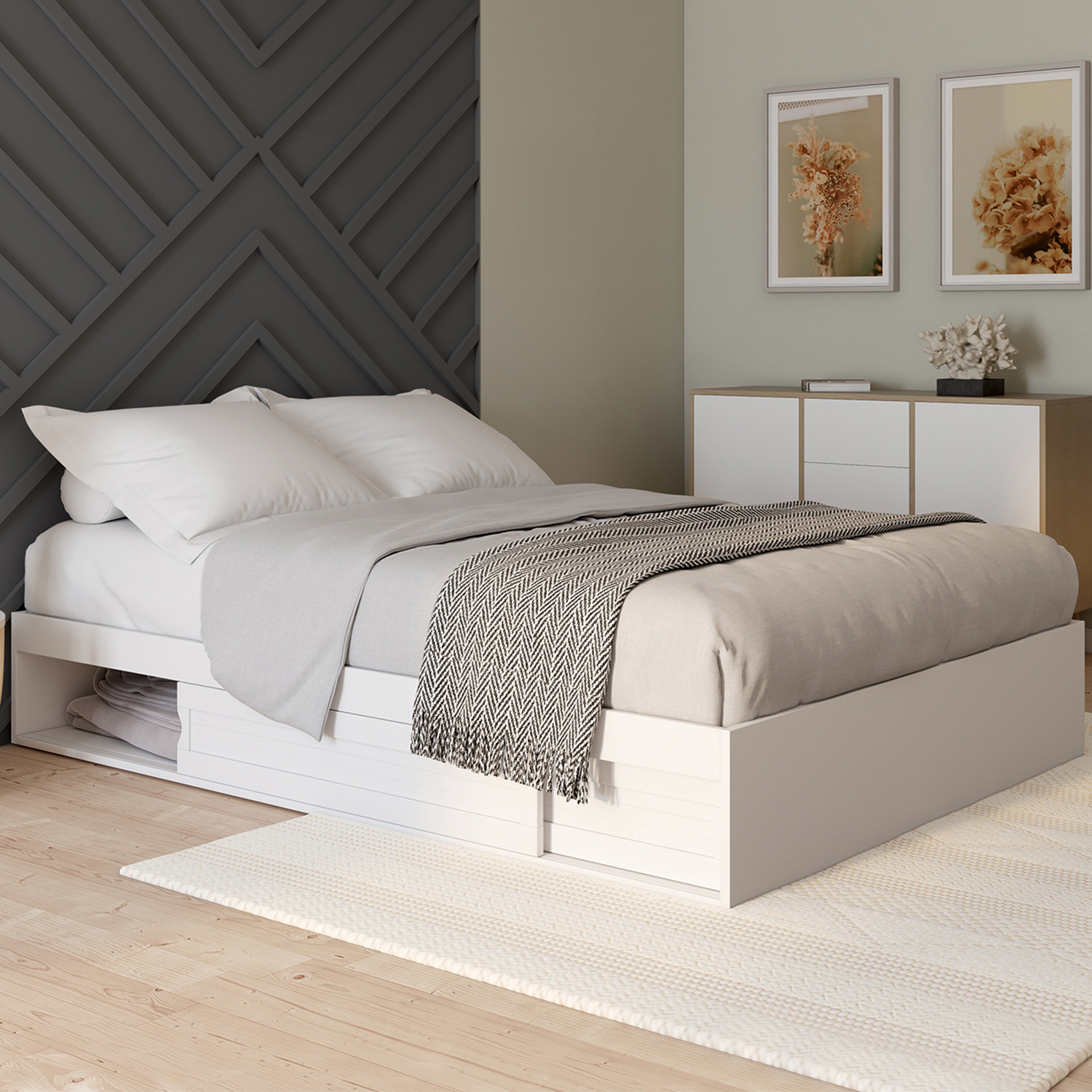 Cadre de lit avec rangements et sommier blanc