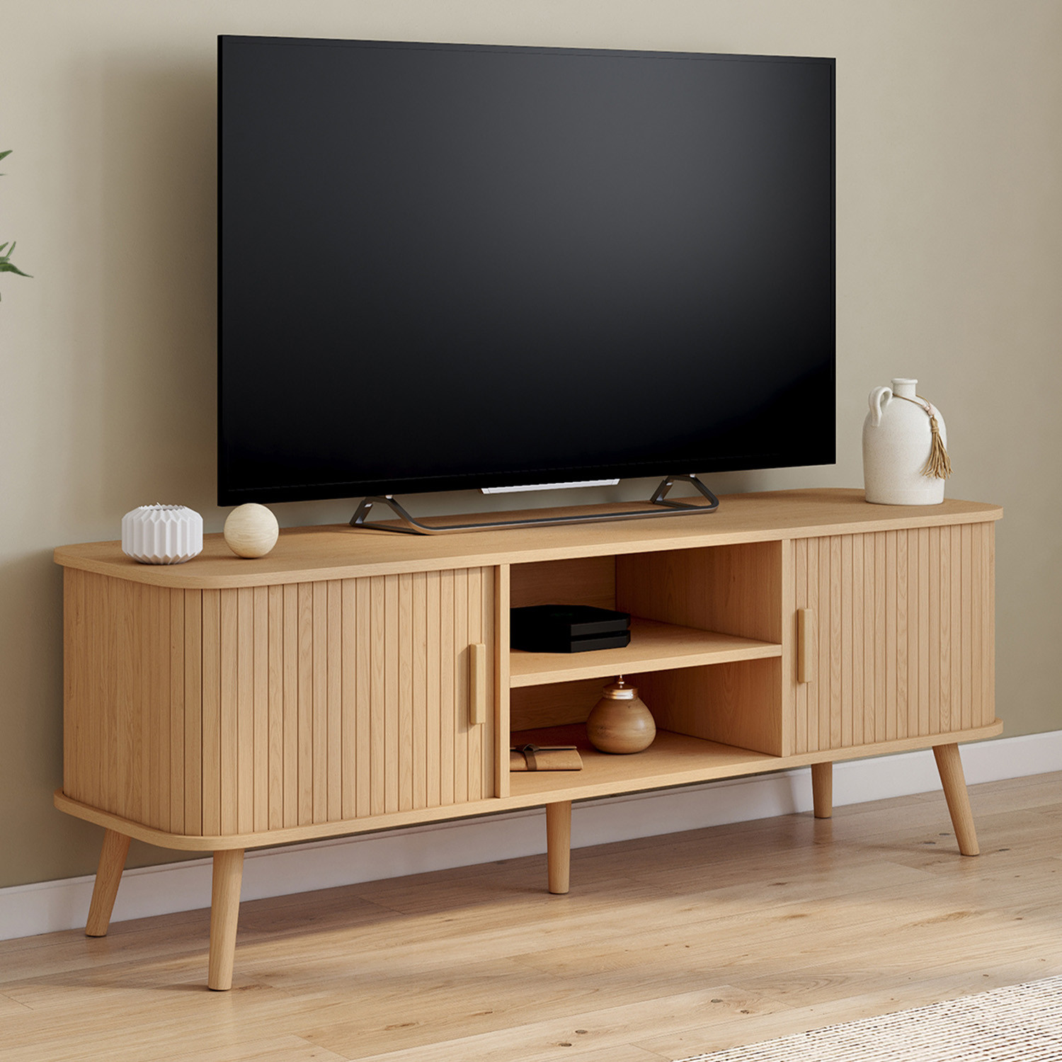 Meuble télé 140 cm avec portes coulissantes lattes tasseau bois coloris chêne