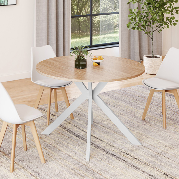 Table à manger extensible ronde ALIX 4-10 personnes pied araignée bois et blanc 110 - 200 cm
