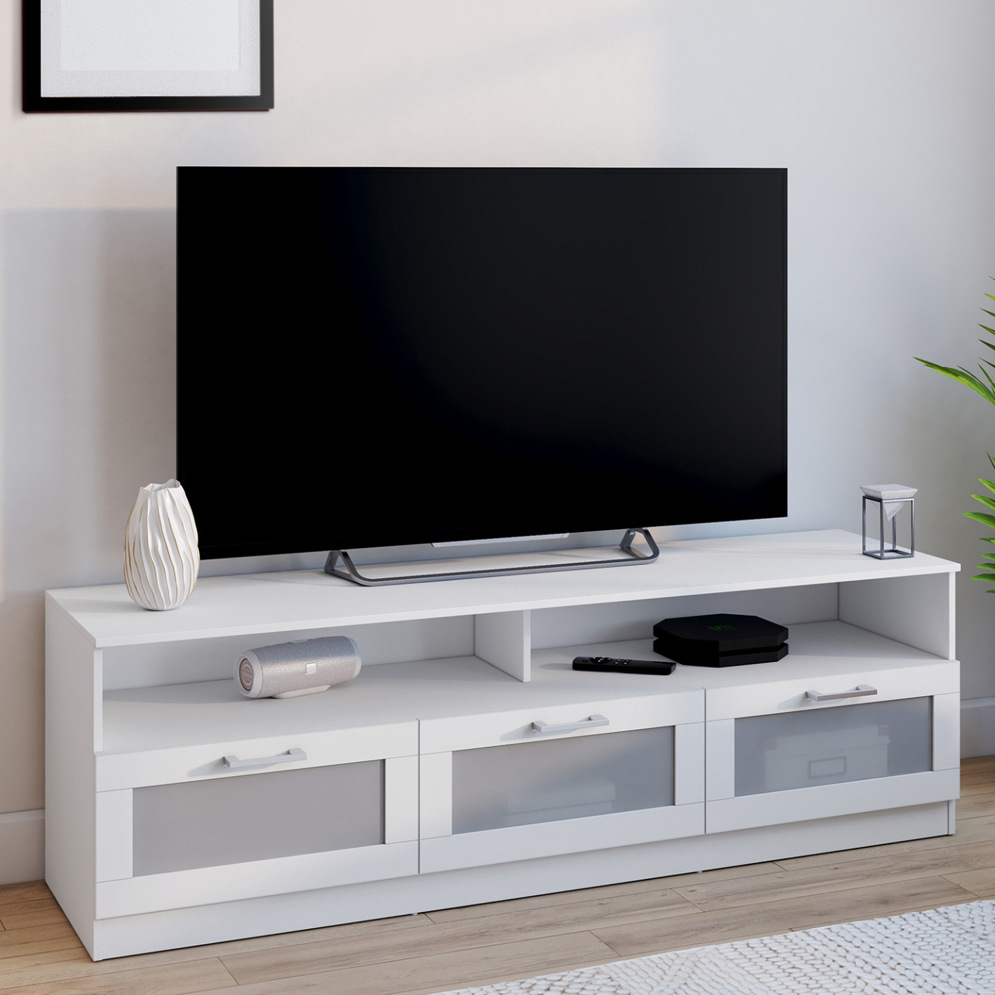 Meuble TV 113 Cm Eli Bois Façon Hêtre Portes Noires - Meuble TV Meuble TV 113 Cm Eli Bois Façon Hêtre Portes Noires - Meuble TV