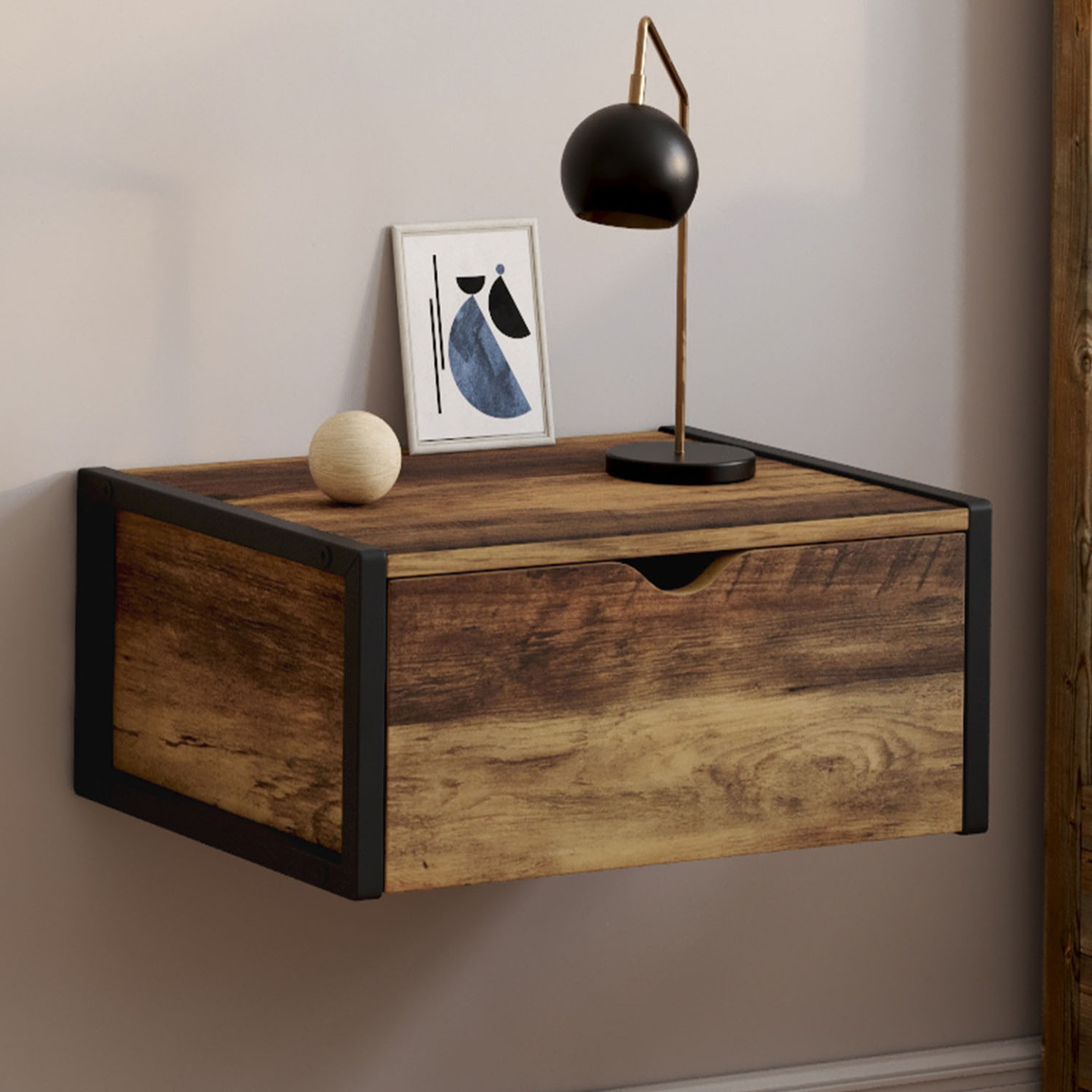 Wand-Nachttische aus dunklem Holz und Schwarz im Industrial Style - HAWKINS