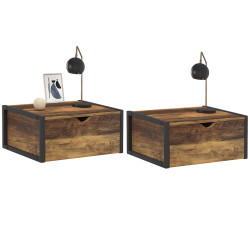 17018 - Set di 2 comodini in stile industriale in legno scuro e nero Comodini a parete in legno scuro e nero, stile industriale - HAWKINS | IDMarket