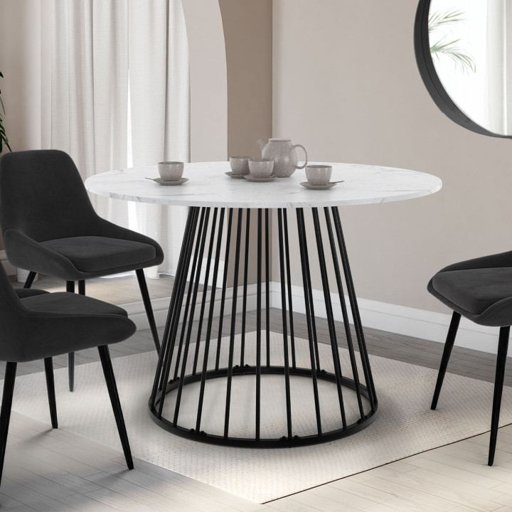 ¡Mesa de comedor redonda extensible 4-8 personas 110-150cm tapa efecto mármol blanco y pata negra - YUNA | Zen Cart! IDMarket