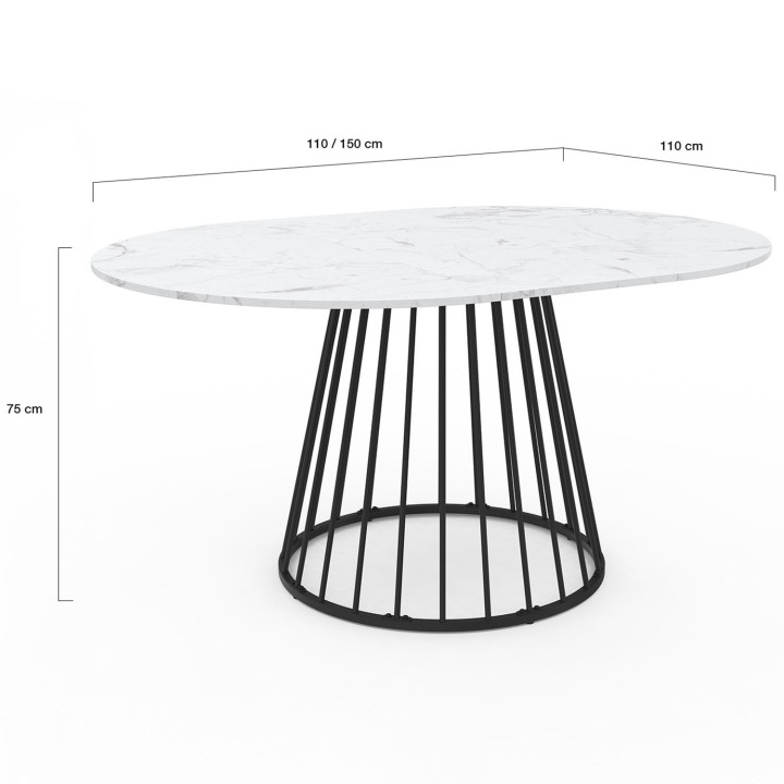 Tavolo da pranzo rotondo allungabile 4-8 persone 110-150cm piano effetto marmo bianco e gamba nera - YUNA | Zen Cart! IDMarket