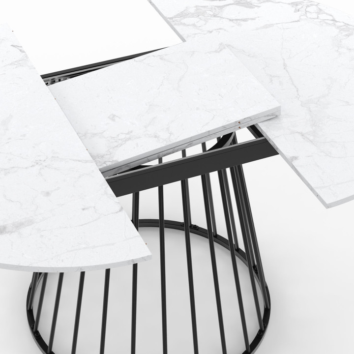 Tavolo da pranzo rotondo allungabile 4-8 persone 110-150cm piano effetto marmo bianco e gamba nera - YUNA | Zen Cart! IDMarket