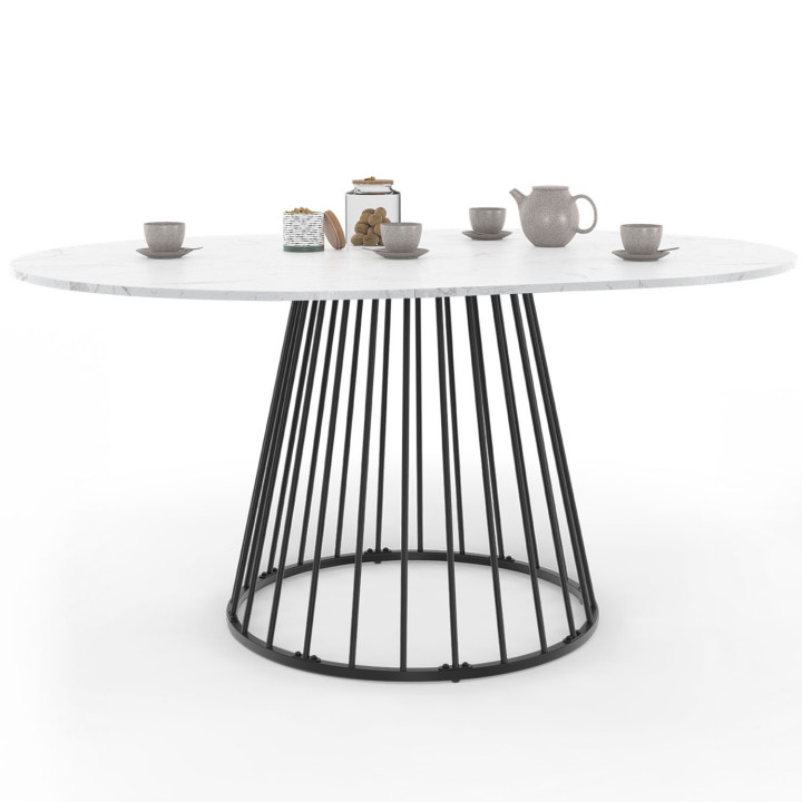 Tavolo da pranzo rotondo allungabile 4-8 persone 110-150cm piano effetto marmo bianco e gamba nera - YUNA | Zen Cart! IDMarket