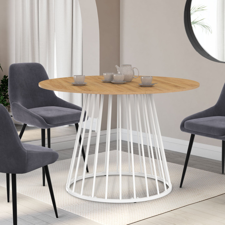 ¡Mesa de comedor redonda extensible para 4-8 personas 110-150cm con tablero de madera y pata blanca - YUNA | Zen Cart! IDMarket