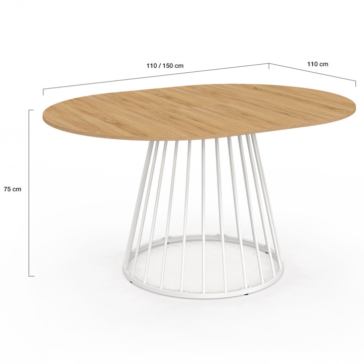 ¡Mesa de comedor redonda extensible para 4-8 personas 110-150cm con tablero de madera y pata blanca - YUNA | Zen Cart! IDMarket