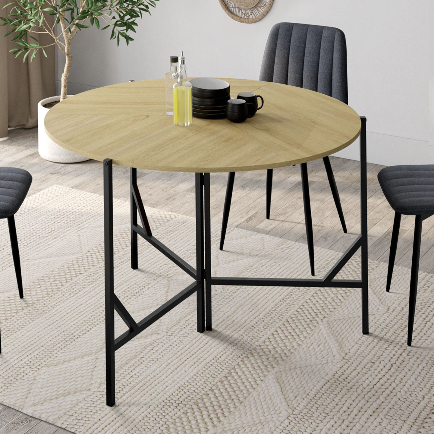 Tavolo Da Pranzo Rotondo EDEN 6 Persone | Legno E Nero | 110 Cm | IDMarket