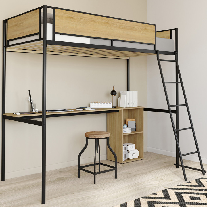 Letto a soppalco singolo DETROIT con scrivania e contenitore 90 x 190 cm, design industriale