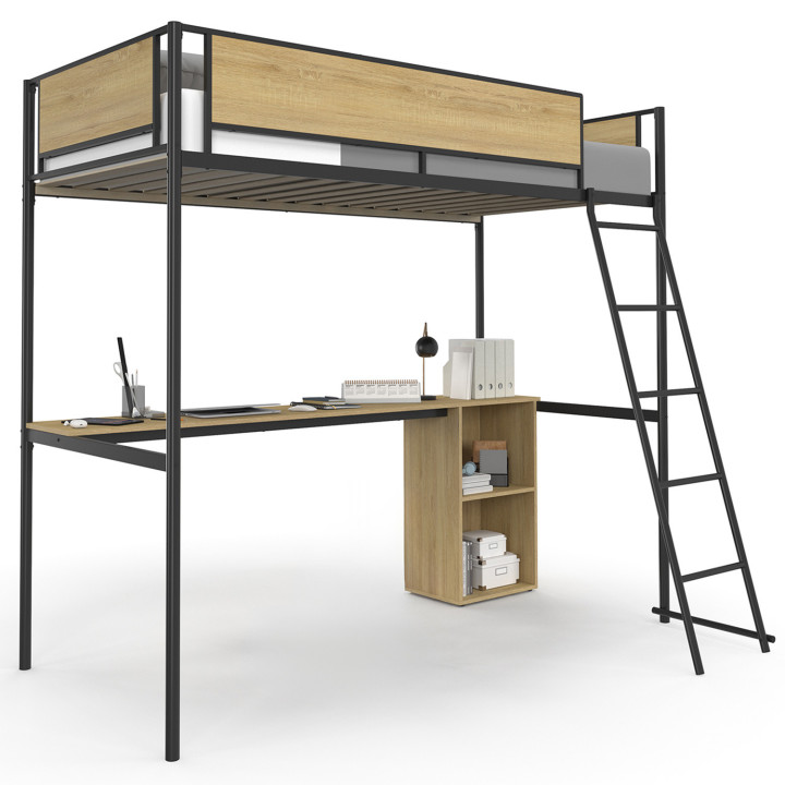 Lit mezzanine simple DETROIT avec bureau et rangements 90 x 190 cm design industriel