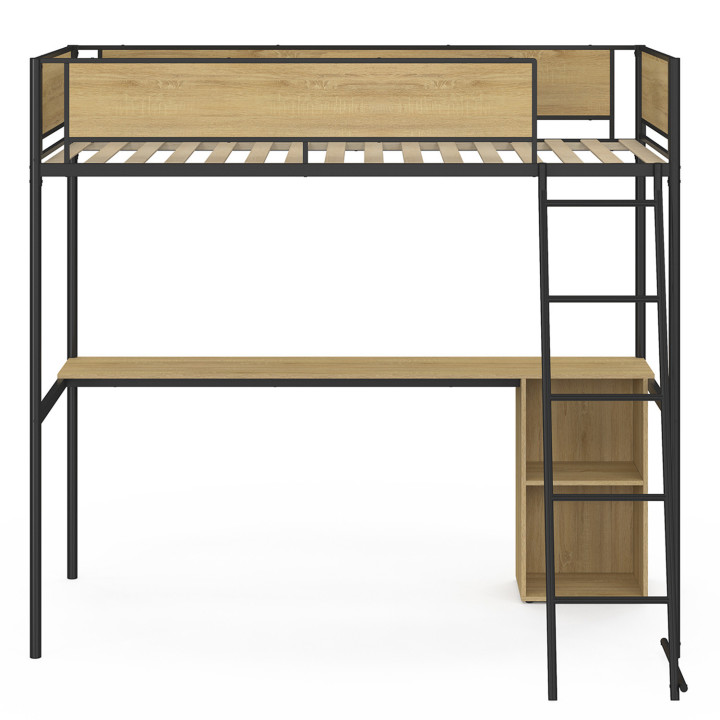 Letto a soppalco singolo DETROIT con scrivania e contenitore 90 x 190 cm, design industriale