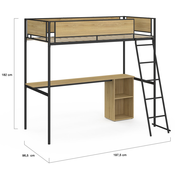 Letto a soppalco singolo DETROIT con scrivania e contenitore 90 x 190 cm, design industriale