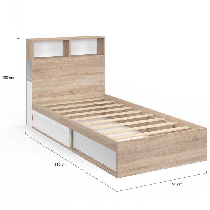 ¡Cama individual 90x190 haya y blanco con almacenaje y cabecero - CLEM | Zen Cart! IDMarket