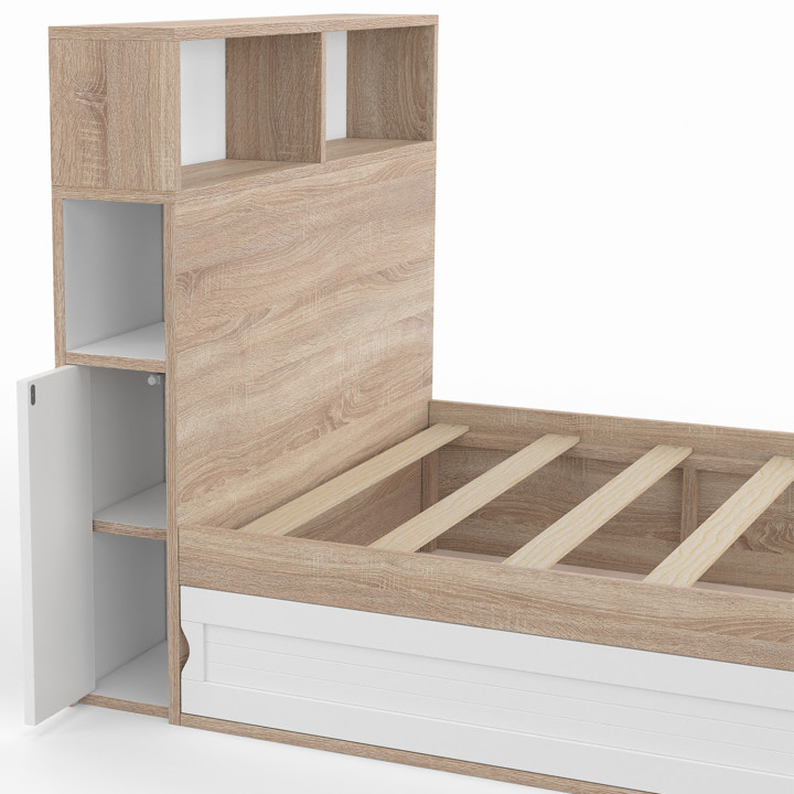 ¡Cama individual 90x190 haya y blanco con almacenaje y cabecero - CLEM | Zen Cart! IDMarket
